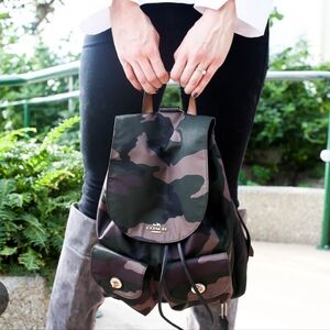 Coach Camoflauge Nylon With Leather Trim Backpack.